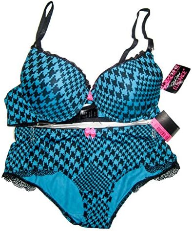 NYE Sexy Plus Size Leopard and Lace Push-up Bra & Bikini Set (34C, Electric Pulse Low Plunge Molded Bra and Bikini Set BLUE/BLACK PUSH UP)