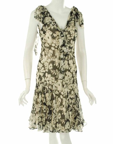 Milly Silk V-Neck Dress Black/Ecru 6