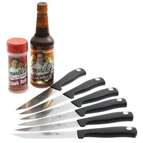 Bam! Use the steak knives that are used at Emeril's fine steakhouses. These Wusthof steak knives were developed with Emeril. They use a reverse serrated edge that uses a gentle cut that doesn't rip and tear the steak. This set also comes with Emeril famous BBQ steak sauce and Steak rub and recipes so you can cook like Emeril at home. Set of 6 steak knives 