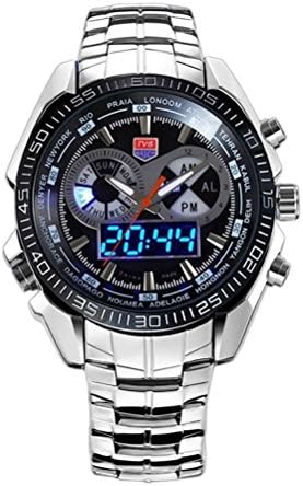Stainless Steel Men's Quartz Clock Multi-functional Digital & Analog Display Blue Binary LED Pointer Mens Waterproof Sports Watches