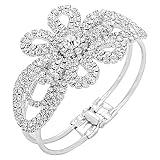 Elegant Silver Tone Crystal Embellished Flower Floral Bangle Bracelet for Bridal, Proms, Pageants, Parties