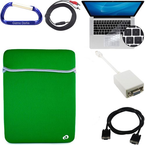 Bundle Set: Apple MacBook Pro / MacBook Air 13.3 Inch Black / Green Laptop Carrying Case Reversible Sleeve, Keyboard Silicone Skin Cover, Mini DisplayPort Male to VGA Female Adapter, VGA Male to Male 6 Feet Extension Cable, 3.5mm to RCA Auxilliary Stereo Cable, and a Free Carabiner Key Chain