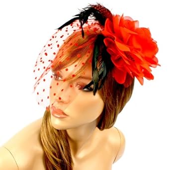 Feathers Polka Dot Veil Hat Fascinator Brooch Clip Head Piece Cocktail Red