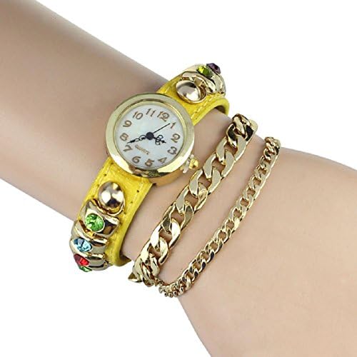 Tonsee(TM) 1PC Leather Bracelet Woman Rhinestone Bracelet Quartz WristWatch (Yellow)