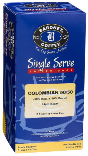 Baronet Coffee 50/50 Regular And Decaf 100% Colombian Coffee Pods, 18-Count Boxes (Pack of 4)