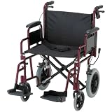 NOVA 332 Lightweight Transport Chair with Detachable Arms, Hand Brakes and 12" Rear Wheels, 22", Red