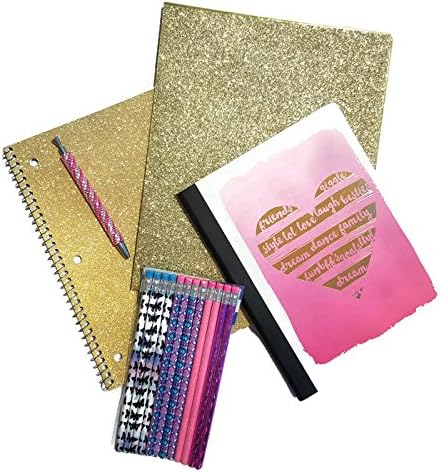 Back to School Supplies Bundle of 5 Includes Stylish Pink and Gold Heart Composition Book, Gold Glitter Notebook, Gold Glitter 2 Pocket Folder, Set of 12 Desgner Pencils and a Pink Bling Gem Pen