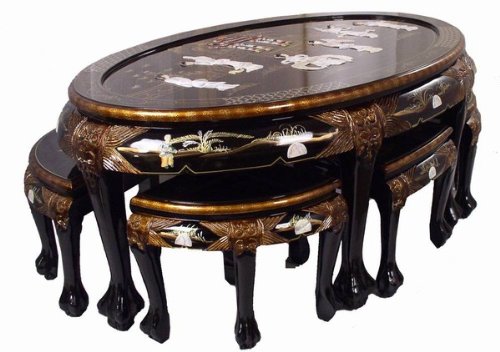 ORIENTAL FURNITURE Unique Oval Coffee Table W. 6 Stools