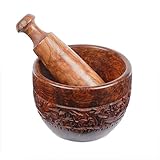 Rusticity Wooden Mortar and Pestle - 4.5 in x 4.5 in - Carved Flowers Mortar with Pestle Grinder - Handmade from Indian Rosewood