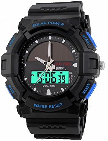 Solar Watches for Men, JIGE Solar Powered Quartz Watch 2 Display Sports Watch for Outdoor (Blue)