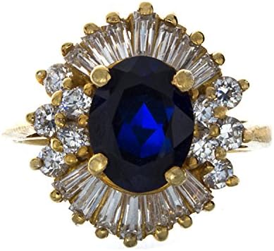 14k Gold Ring with Oval Sapphire, Brilliant White Round Diamond, & Baguettes - E