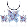 Pale Blue Butterfly Dichroic Pendant And Earring Murano Glass Jewelry Set