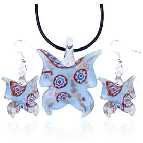 Pale Blue Butterfly Dichroic Murano Glass Pendant And Earring Jewelry Set Gift