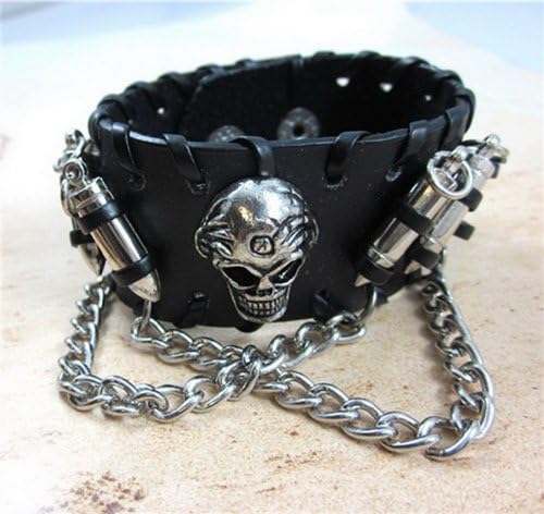 ETSYG Black Cowhide Skull Bullet Chain Men Bracelet Punk Rock Leather Wristband Gothic