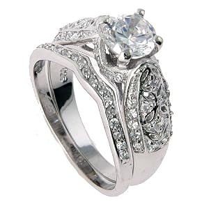 Sterling Silver and Rhodium Plated Wedding Ring Set with Cubic Zirconia – Size 8