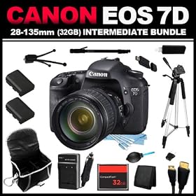 Canon EOS 7D 18 MP CMOS Digital SLR Camera 3-inch LCD with 28-135mm Lens (32GB Intermediate Bundle Kit) includes x2 Batteries, Charger, Case, Memory Card, Memory Card Wallet, HDMI Cable, Table Tripod, Full Size Tripod, Monopod, USB Card Reader, Dust Blower, Cleaning Kit - 3814B010