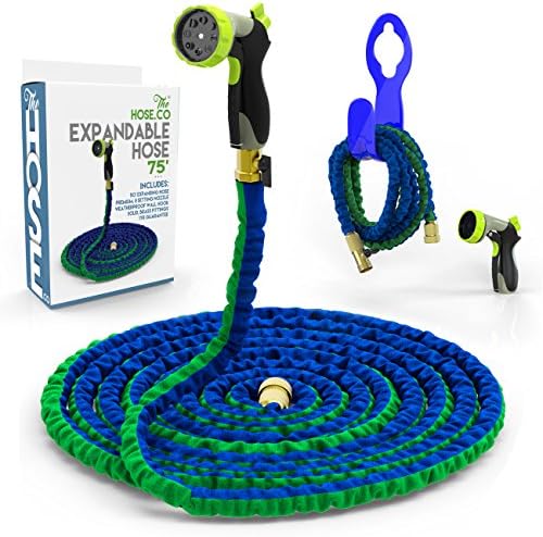 [#1 Rated 75 Ft Expandable Hose] Powerful, Portable &amp; Proven to Last! Deluxe Expanding Garden Hose Kit: Green and Blue Double Latex KinkProof Hose, Brass Fittings, 8-Function Nozzle &amp; Bonus Wall Hook