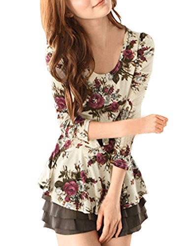 Allegra K Ladies Flower Pattern Long Princess Sleeve Stretchy Soft Peplum Top