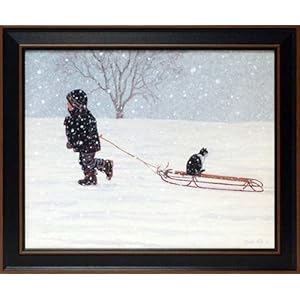 All Aboard by Bonnie Mohr 20x24 boy pulling sled with cat art print All Aboard by Bonnie Mohr 20x24 boy pulling sled with cat art print