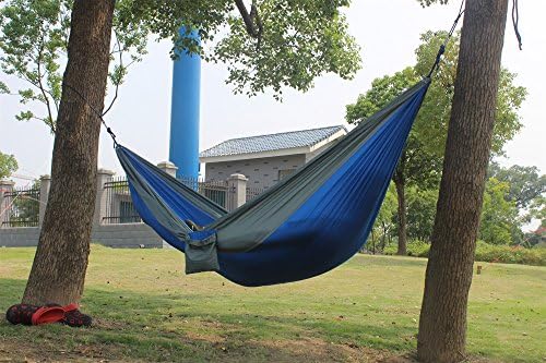 AZSPORT Double Parachute Nylon Hammock, Lightweight and Portable, Ideal for Camping, Hiking, Travel and Beach, Durable Tree Straps Included, Blue and Grey