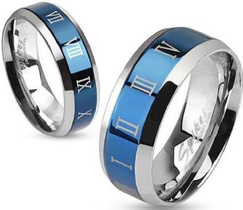 Stainless Steel Blue IP Center with Roman Numerals Beveled Edge Band Ring size 9