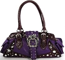 Womens Purple Croc Diamante Stud Bowling Handbag