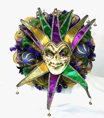 Mardi Gras Purple,Green and Gold Deco Mesh Door Wreath With Large Jester Mask