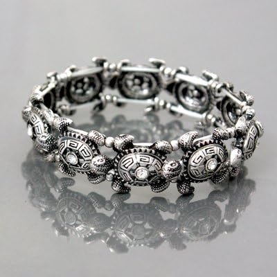Womens Designer Bracelet, Silver Bracelet, Turtle Charms, Rhinestones, Elastic Turtles Bracelet -7" Round