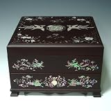 Mother of Pearl Inlaid Decorative Phoenix and Flying Horse Design Brown Lacquered Wood Handcrafted Art Jewelry Trinket Keepsake Treasure Box Case Chest Organizer