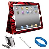 Red Zebra - Portfolio Smart Case Cover with Fold to Stand Feature for Apple iPad 2 Tablet (16GB, 32GB, 64GB) + Executive White Stylus Pen with Laser Pointer and LED Light + Universal Windshield Window Mount + SumacLife TM Wisdom Courage Wristband
