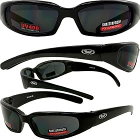 CHICAGO FOAM PADDED SUNGLASSES, MOTORCYCLE ATV SPORTS EYEWEAR SHINY BLACK FRAME SMOKE LENSES