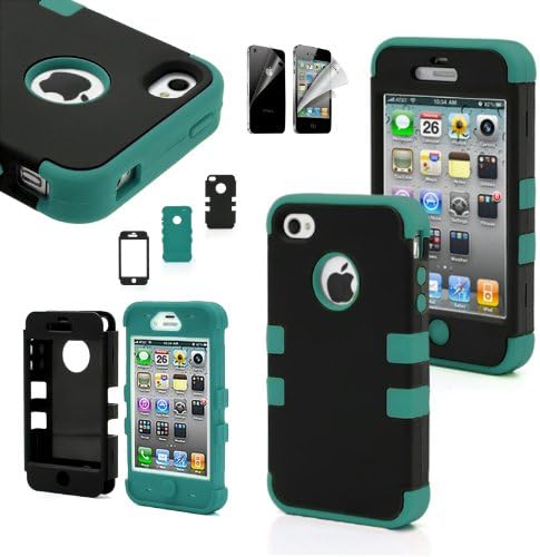 CWAccessories (TM) Black High Impact Hybrid Matte Hard Case Silicone Rubber Cover for Apple iPhone 4 4G 4S w/ Screen Protector (Teal)