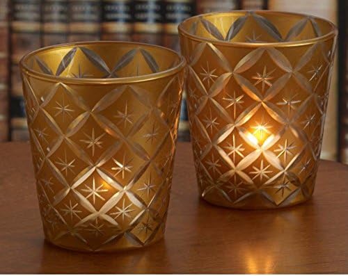 The Bombay Company Set of 2 Gold Star Etched Glass Tealight Holders, 3.5 in. x 3.9 in.