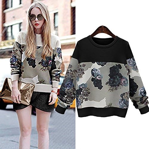 QNE388 Winter The New Loose Retro Flowers Shirt Women Sweater (M, BLACK)