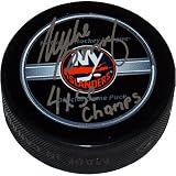 Mike Bossy New York Islanders Autographed Game Model Hockey Puck with 4x SC Inscription