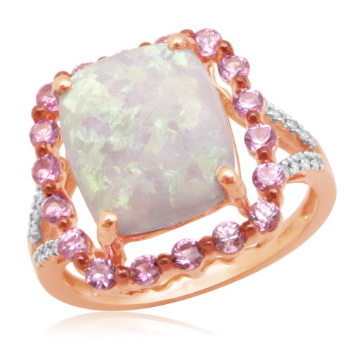 10k Rose Gold Cabochon Cushion Cut Opal Center with Round Created Pink Sapphire and Diamonds Ring, Size 10