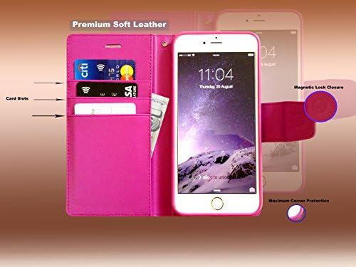 Apple iPhone 6+ Cell Phone Casing [FLAPA Series] Elegant Premium Quality [Synthetic Soft Leather] with [Stand Flip Cover] [Magnetic Lock Closure] [Card Slot] [Cash Compartment] (Hot Pink, iPhone 6+)