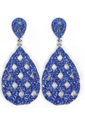 Silvertone with Blue Iced Out Basket Weaved Teardrop Shaped 3.25 Inch Dangle Clip on Earrings