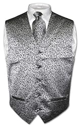Antonio Ricci Men's Silver Gray Paisley Design Dress Vest Silver Grey NeckTie for Suit or Tuxedo