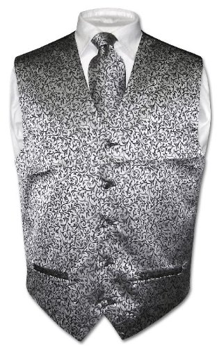 Antonio Ricci Men's Silver Gray Paisley Design Dress Vest Silver Grey NeckTie Set for Suit or Tuxedo