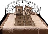 Ivory and Brown Five-Piece Single-Bed Banarasi Bedcover with Woven Flower P ....