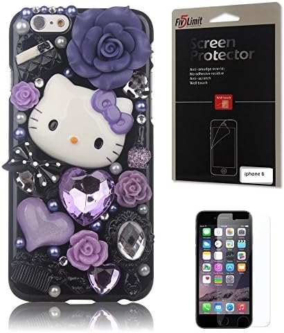 iPhone 6 Bling Case, FiveLimit(TM) For Apple iPhone 6 [4.7] 3D Handmade Luxury Rhinestone Crystal Pearl Love Purple Hello Kitty Fairy Tale Flower Diamond Case Cover (Package includes: 1 X Screen Protector) (Purple Fairy Kitty)