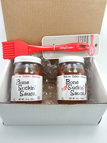 Bone Suckin Fords Gourmet Foods BBQ Sauce 16oz. and Bone Suckin BBQ Sauce HOT 16oz. and a FREE bonus Betty Crocker 9" Basting Brush all packed in a white gift box