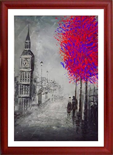 "Bigben Lane" Framed Giclee Art Print in Natural Wood Frame, Very Popular Design Romantic Style Urban Walkway City of London Big Ben Street Scene Black White Booming Colour Tree, London Print Big Ben Printed Artwork From Authentic Oil Painting on Canvas.