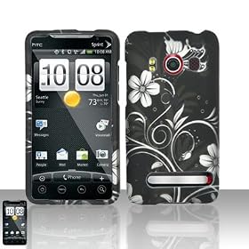 Black Silver Vine Flower Butterfly Rubberized Snap on Design Hard Case Faceplate for Sprint Htc Evo 4g