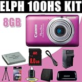 Canon PowerShot ELPH 100 HS 12 MP CMOS Digital Camera with 4X Optical Zoom (Pink) NB4L Battery/Charger 8GB DavisMAX HDMI Bundle