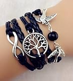 Vintage Style Black Leather Rope Tree Branches Love Birds Black Pearl Love Bracelet