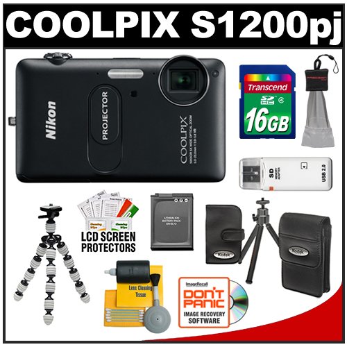 Best Price Nikon Coolpix S1200pj Digital Camera with Built-in Projector (Black) with 16GB Card + Battery + Leather Case + Flex Tripod + Accessory Kit
