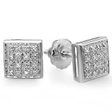 0.10 Carat (ctw) Platinum Plated Sterling Silver Real Diamond Square Shape Mens Hip Hop Iced Stud Earrings 1/10 CT