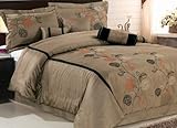 IMAGE OF 11 Piece King Tan Floral Embroidered Bed in a Bag Bedding Set